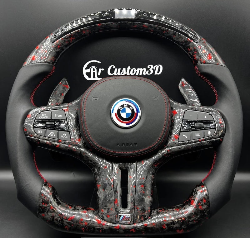 volant bmx serie g en carbone forgé rouge cuir lisse leds garniture centrale carbone forgé rouge logo m couvercle d'airbag cuir lisse surpiqûre rouge