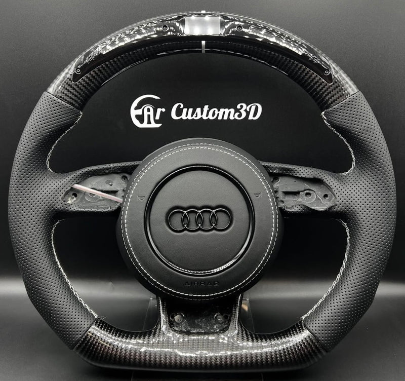 Volant Audi 8v sur mesure en Cuir perforé avec surpiqûres blanche et leds