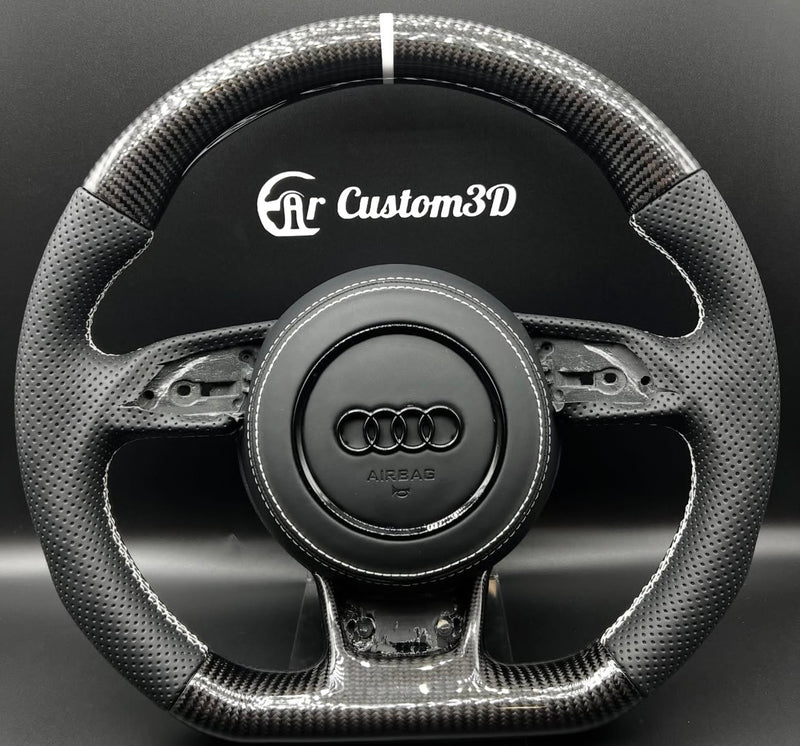 Volant Audi 8v sur mesure en Cuir perforé avec surpiqûres blanche
