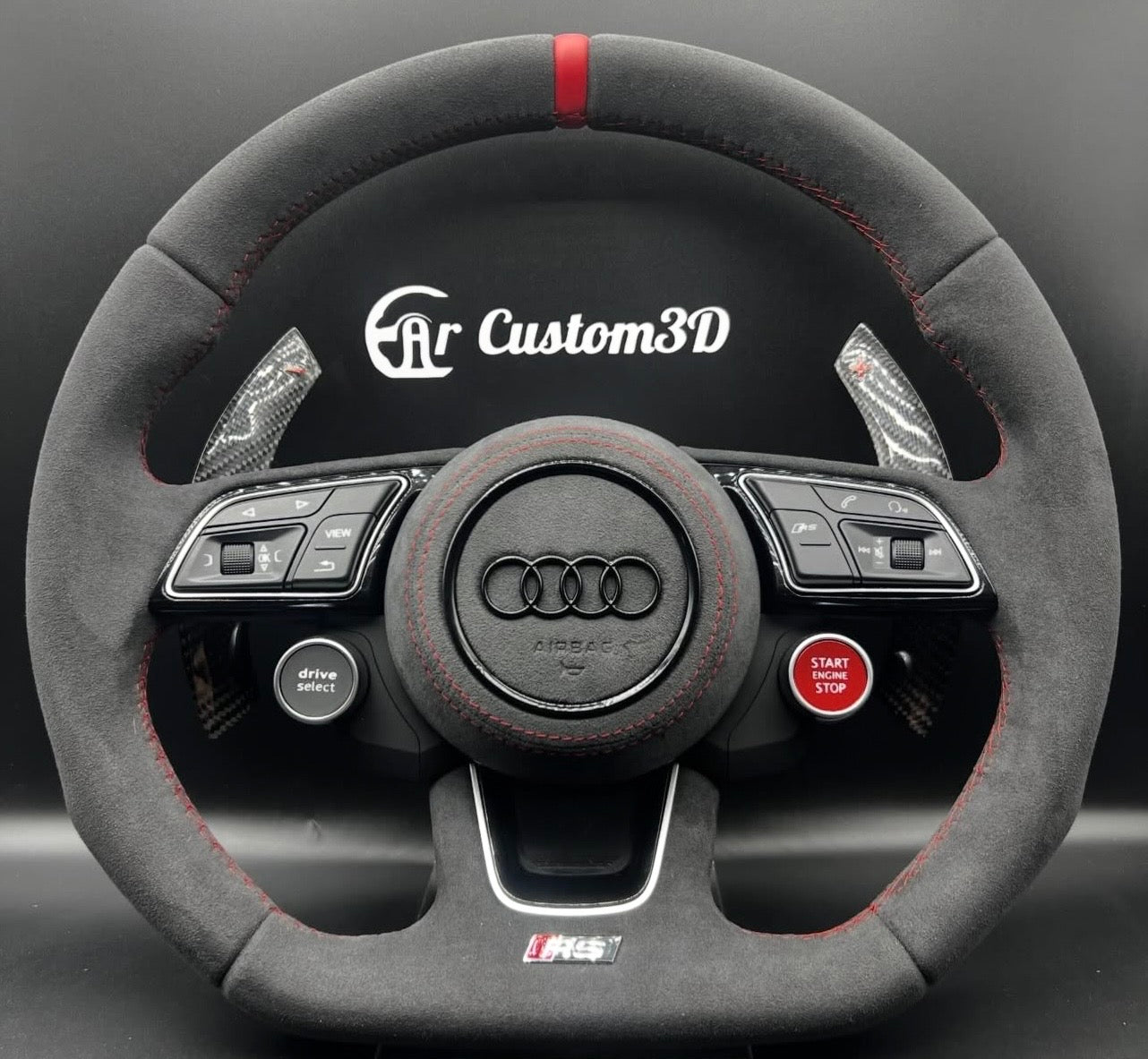 Volant Audi 8v2 full alcantara surpiqûre rouge avec palettes carbone boutons démarrage et couvercle airbag alcantara surpiqûre rouge