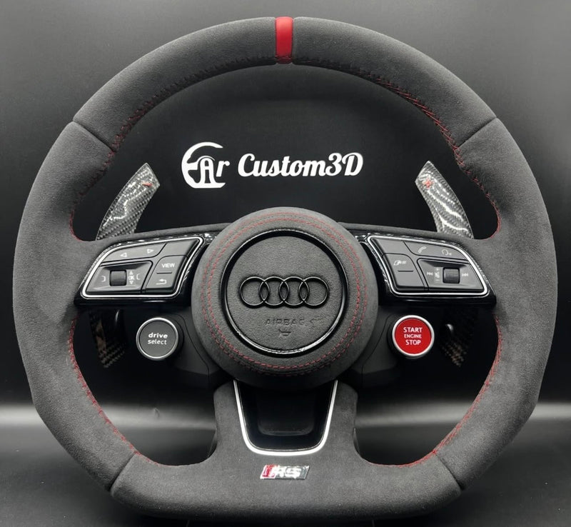 Volant Audi 8v2 full alcantara surpiqûre rouge avec palettes carbone boutons démarrage et couvercle airbag alcantara surpiqûre rouge