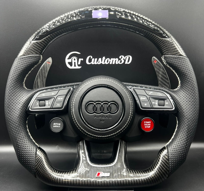 Volant Audi 8V2 en carbone brillant cuir perforé surpiqûre blanche leds