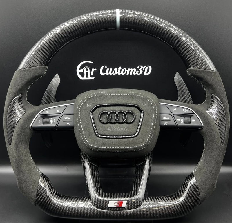 Volant Audi 8Y sur mesure en carbone alcantara surpiqûre blanche avec couvercle d'airbag surpiqûre blanche