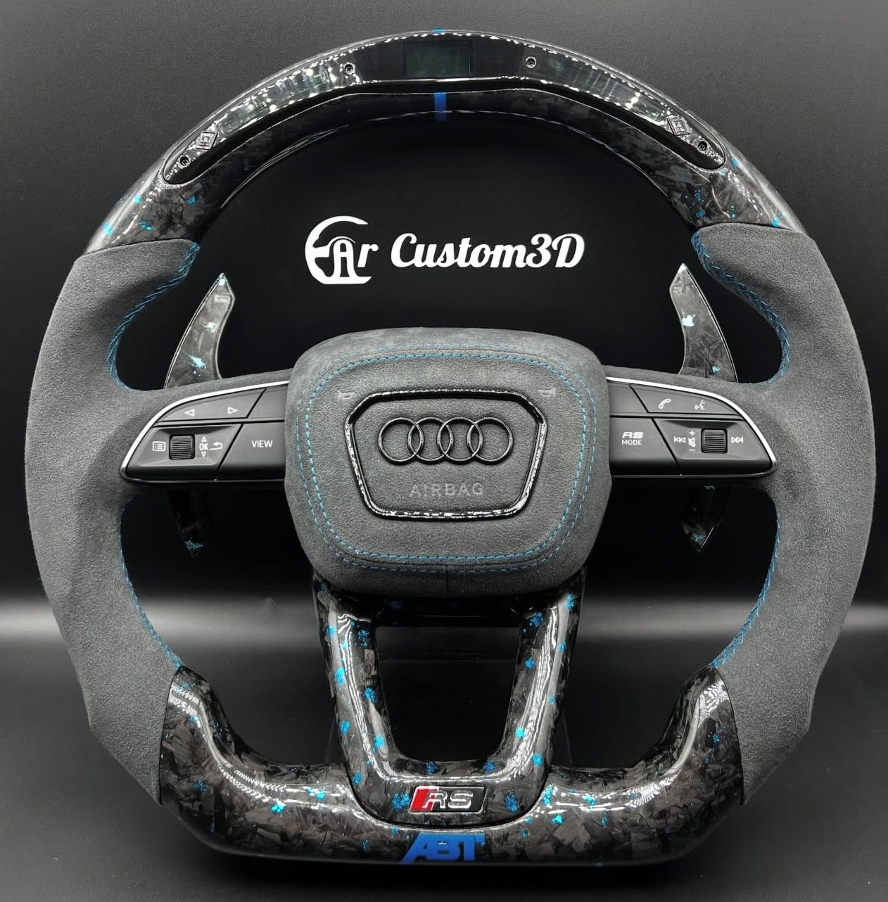 Volant Audi 8y sur mesure en carbone forgé bleu et alcantara surpiqûre bleu pallettes carbone Carcustom3d