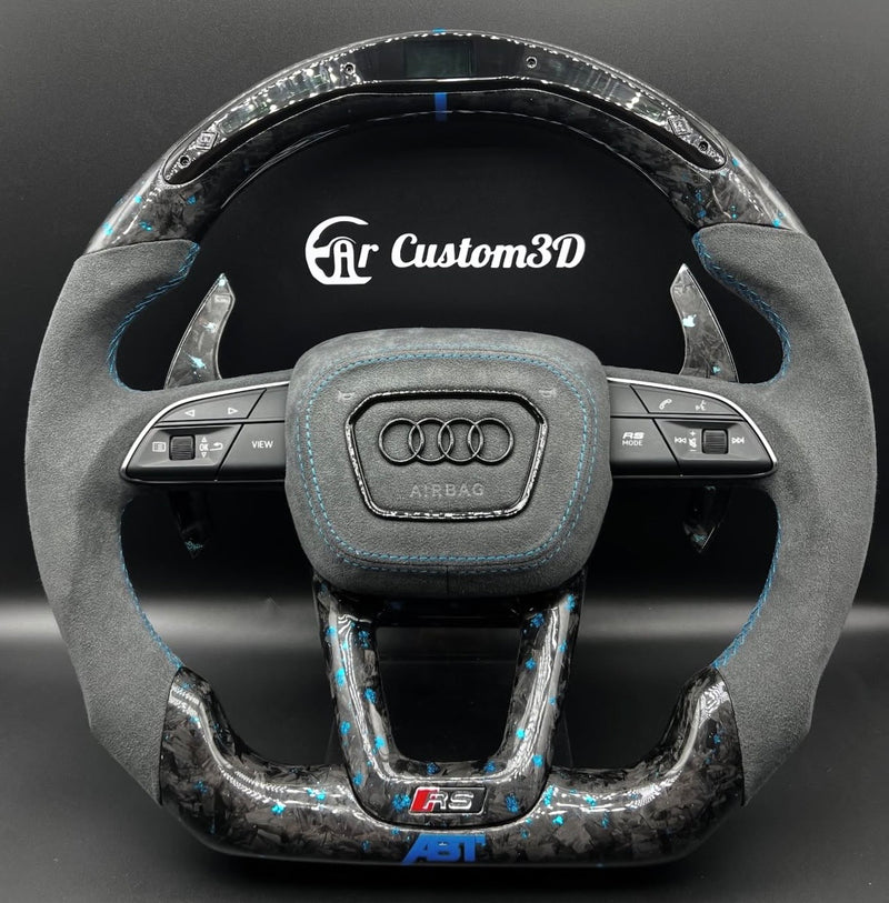 Volant Audi 8y sur mesure en carbone forgé bleu et alcantara surpiqûre bleu pallettes carbone Carcustom3d