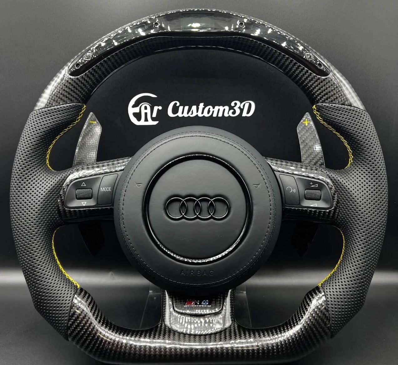 Volant Audi 8p/8j sur mesure en cuir perforé carbone avec supiqûre jaune leds carcustom3d