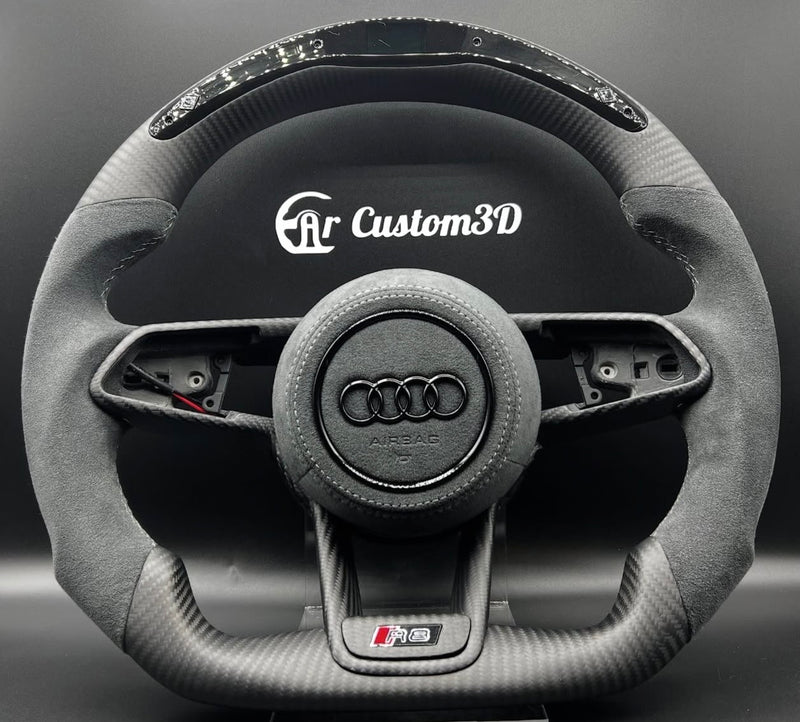 Volant Audi r8 sur mesure en carbon matt et alcantara surpiqûre blanche avec leds et couvercle d'airbag en alcantara surpiqûre blanche