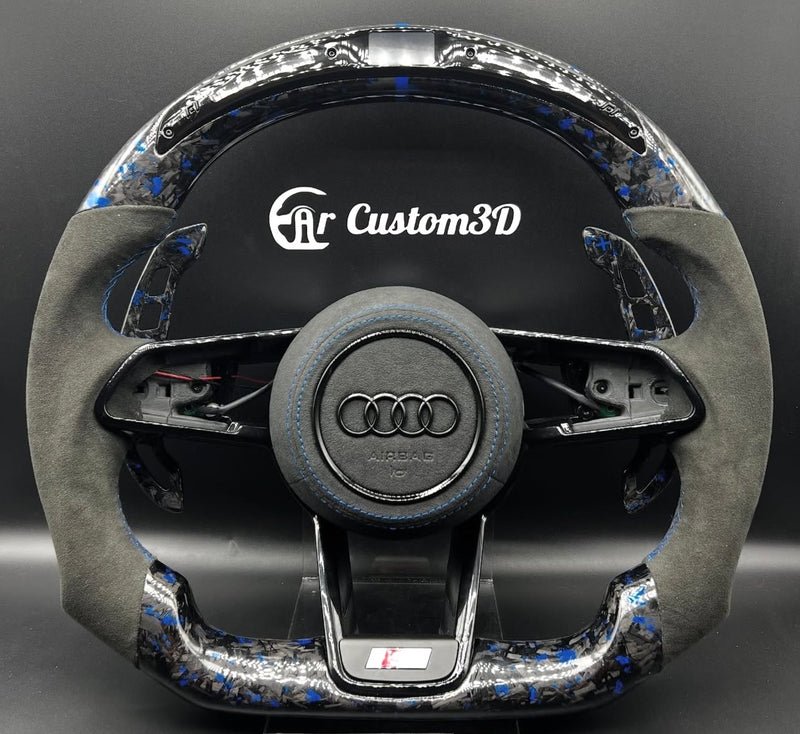 Volant Audi TTRS en carbon forgé bleu alcantara surpiqûre bleu avec leds et palettes carbon forgé bleu