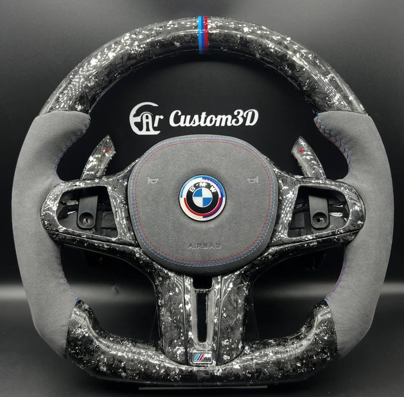 volant bmw serie g carbon forgé blanc alcantara surpiqûre m couvercle d'airbag alcantara surpiqûre m