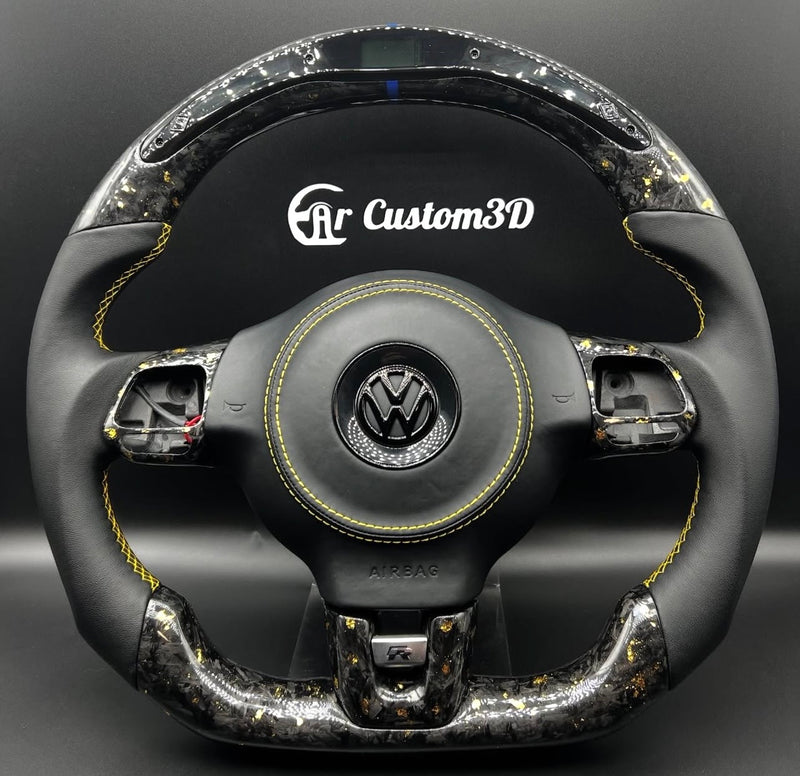 Volant golf6r en carbon forgé or cuir lisse surpiqûre jaune avec leds et couvercle d'airbag surpiqûre jaune