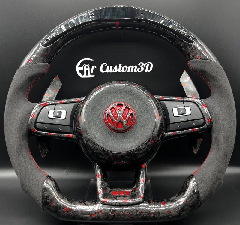 Volant Volkswagen Golf/Polo sur mesure en carbon forgé rouge alcantara surpiqûre rouge avec leds palettes carbon forgé rouge et couvercle carcustalcantara carbonem3d
