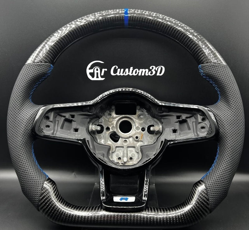 Volant Volkswagen sur mesure en carbon cuir perfoé surpiqûre bleu